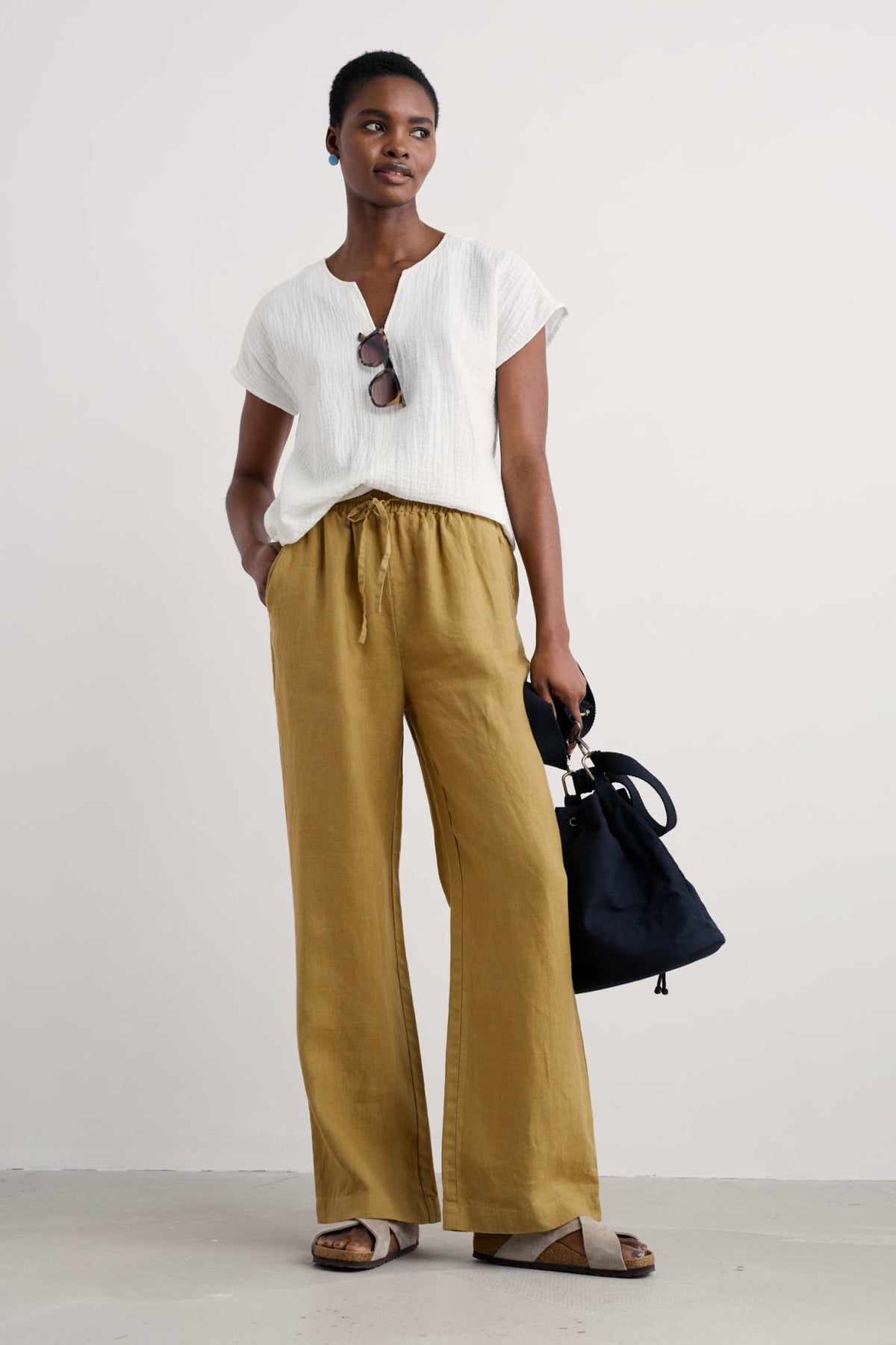 Seasalt Cornwall - ‘Tide Flow’ Wide Leg Linen Trousers - Pear