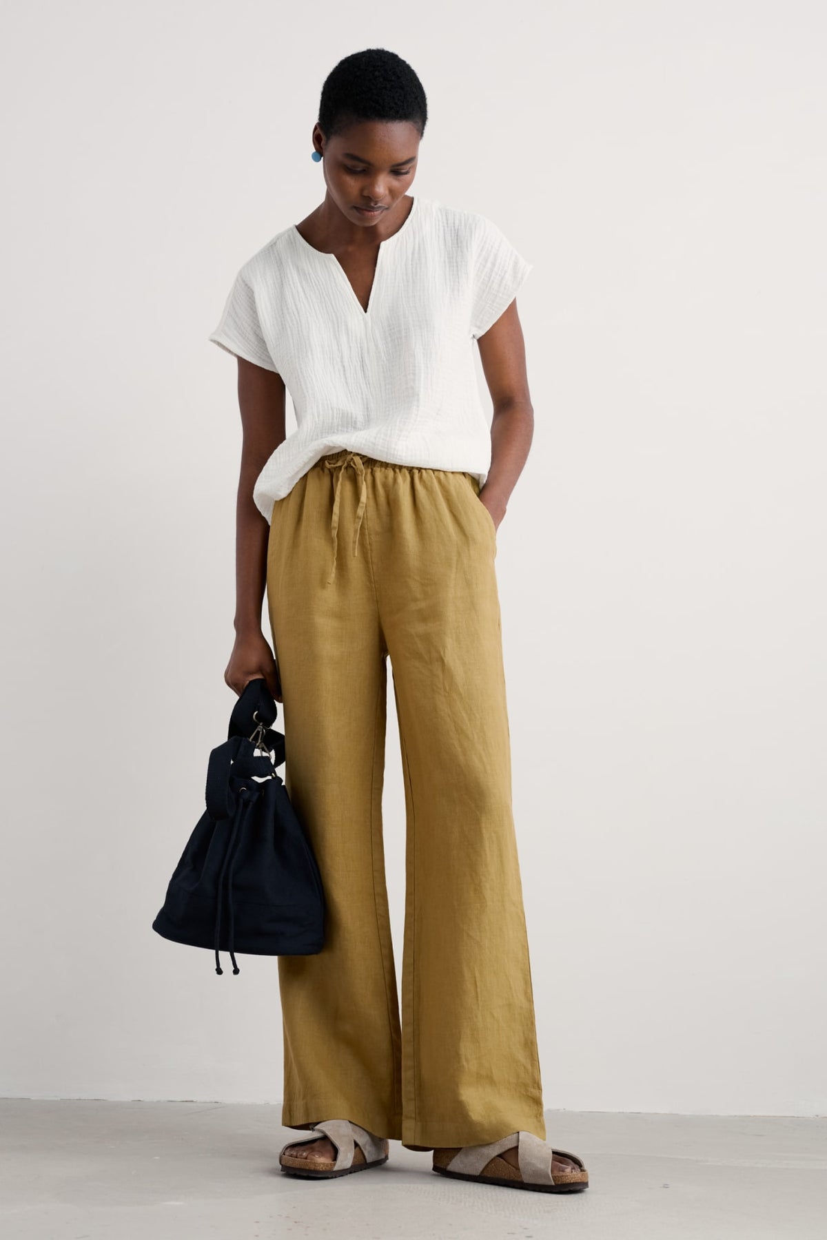Seasalt Cornwall - ‘Tide Flow’ Wide Leg Linen Trousers - Pear