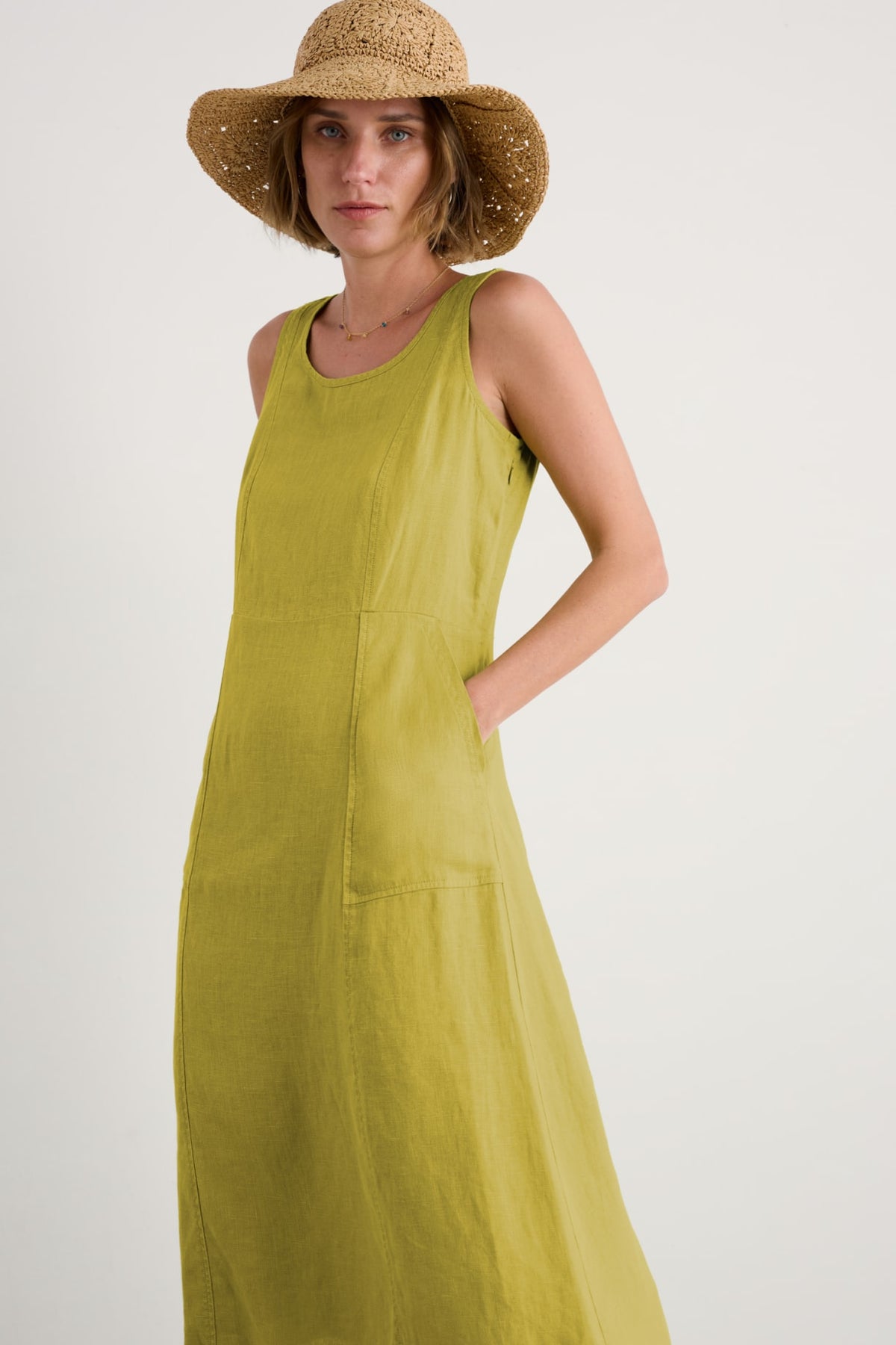 Seasalt Cornwall - ‘Grass Wave’ Sleeveless Linen Dress - Lime
