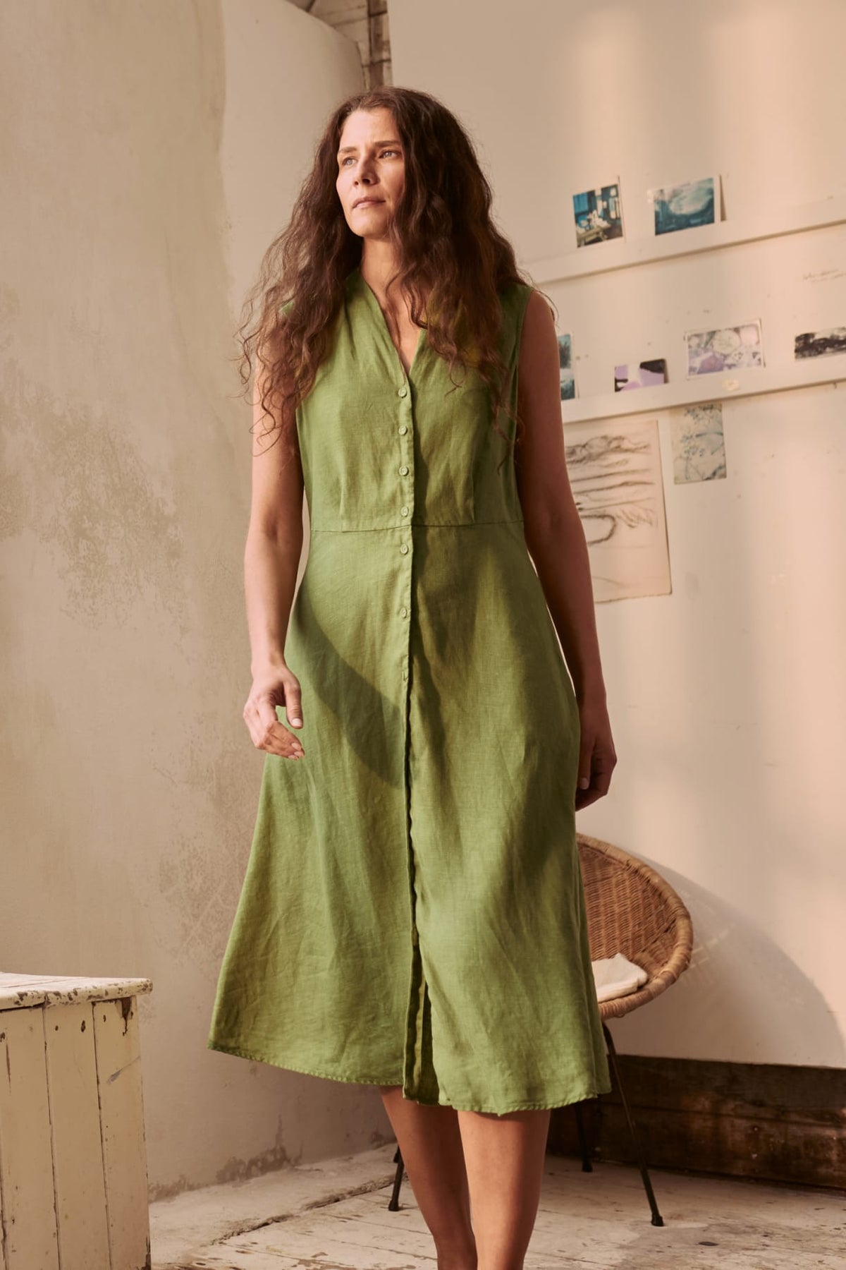 Seasalt Cornwall - ‘Carved’ Wood Linen Sleeveless Dress - Dark Citron