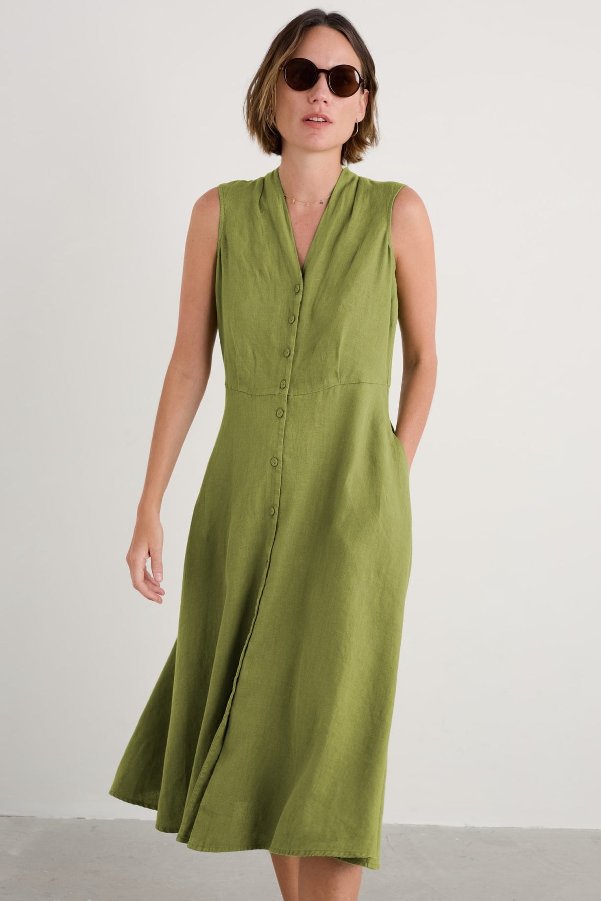 Seasalt Cornwall - ‘Carved’ Wood Linen Sleeveless Dress - Dark Citron