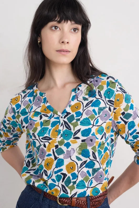 Seasalt Cornwall - ‘Waterflow’ Short Sleeve Top - Zennor Blooms Chalk
