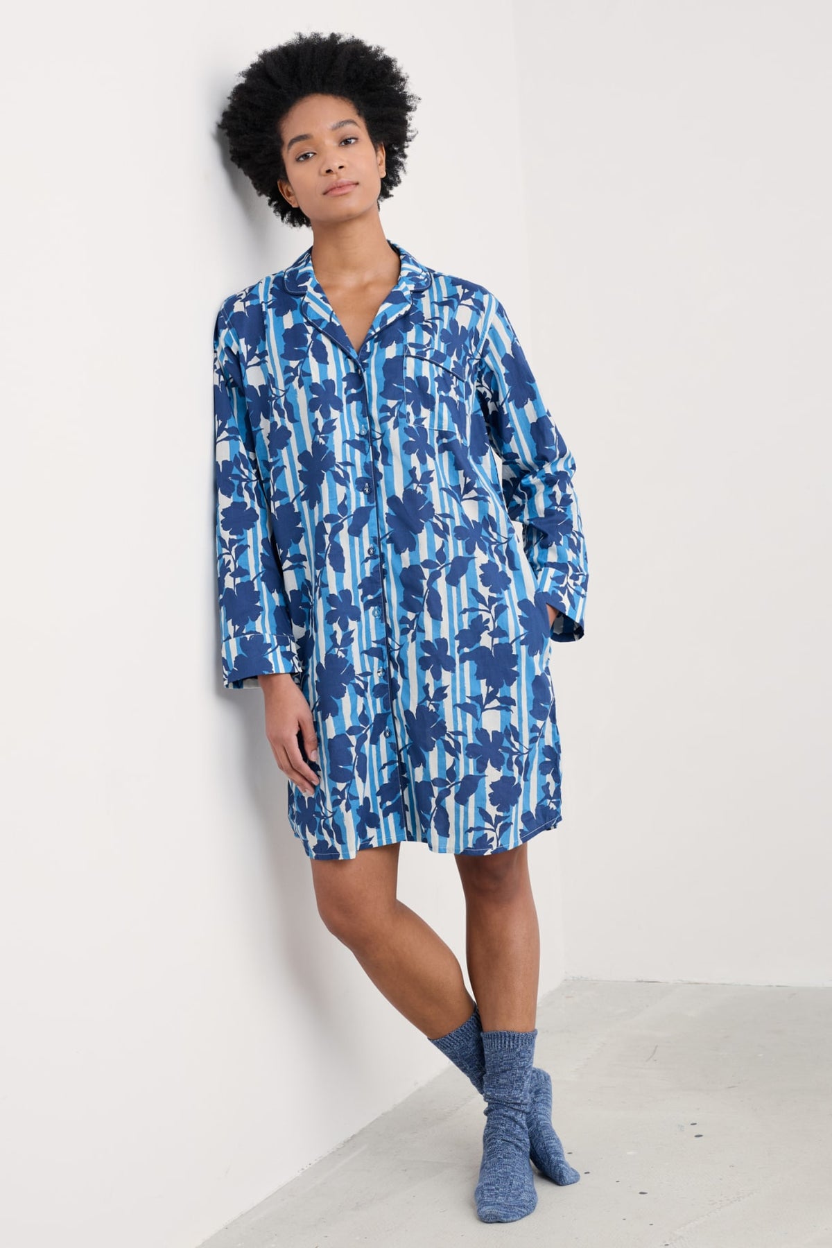 Seasalt Cornwall - Dawn Air Organic Cotton Printed Nightshirt Nesting Bird Pyjamas - Camellia Stripe Paddle