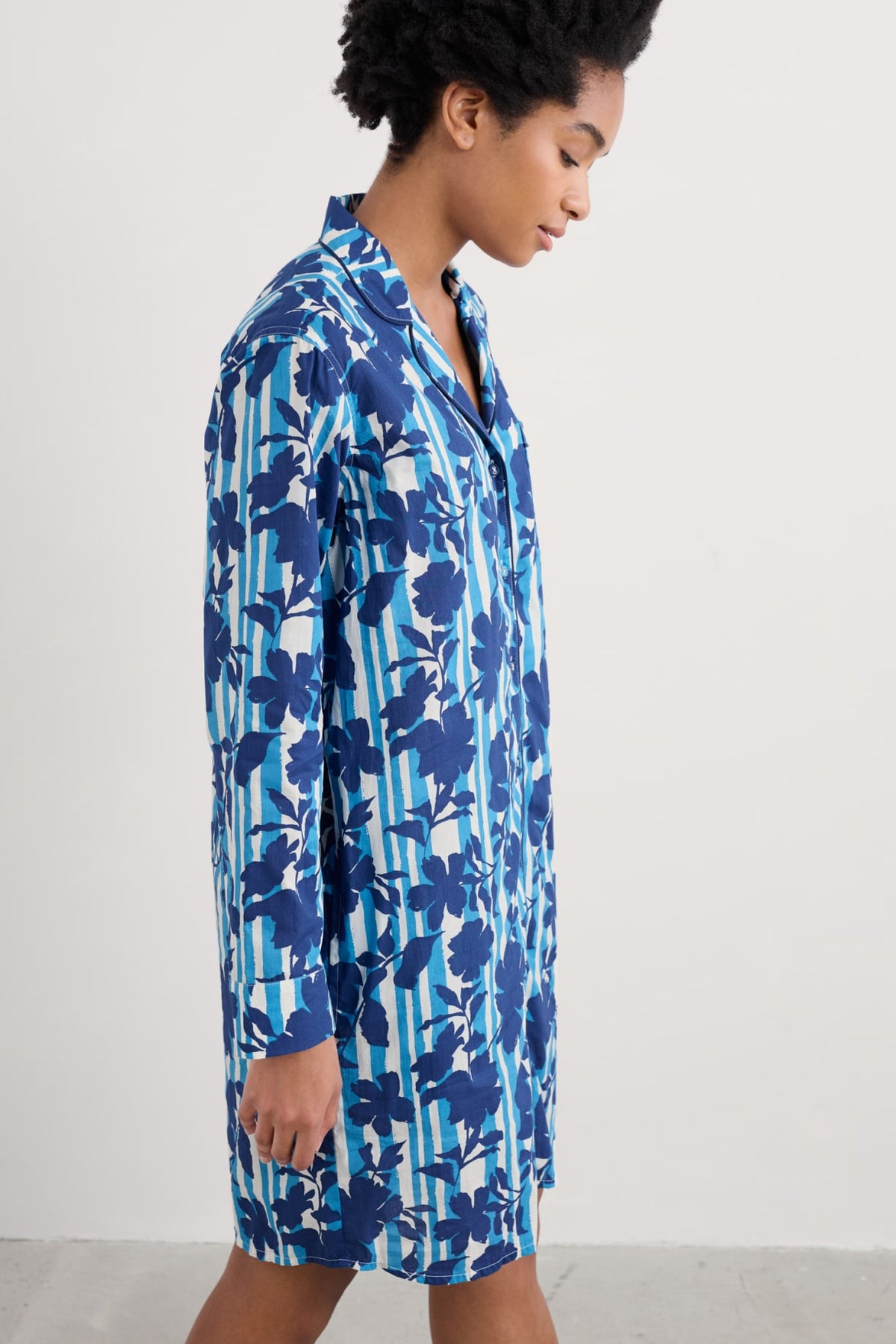 Seasalt Cornwall - Dawn Air Organic Cotton Printed Nightshirt Nesting Bird Pyjamas - Camellia Stripe Paddle