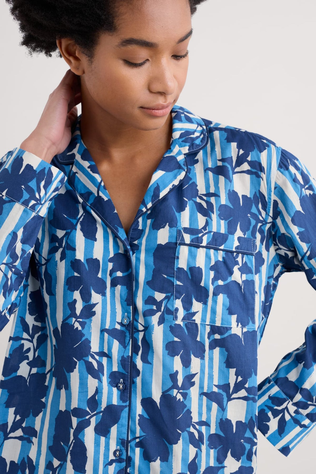 Seasalt Cornwall - Dawn Air Organic Cotton Printed Nightshirt Nesting Bird Pyjamas - Camellia Stripe Paddle