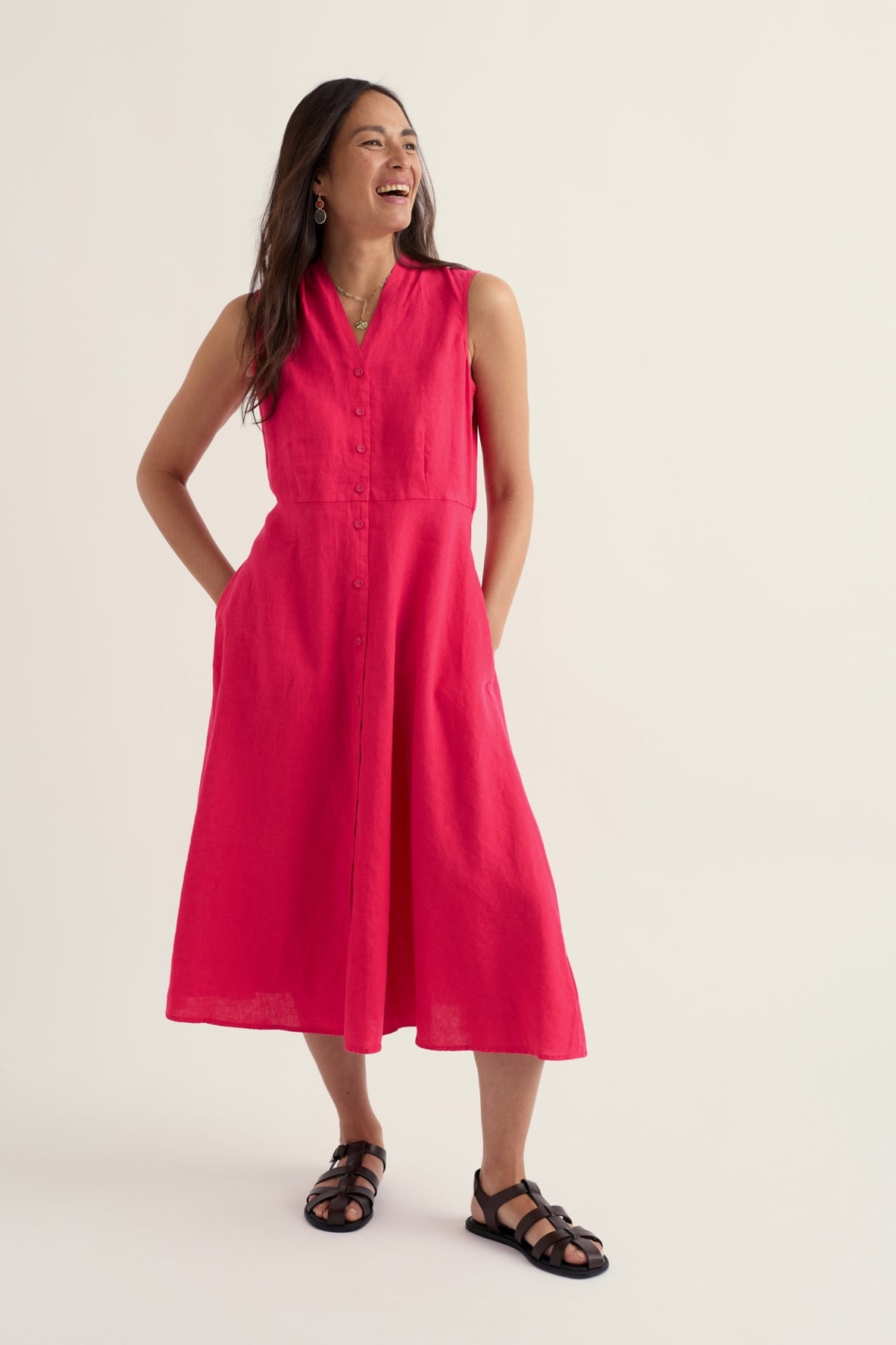 Seasalt Cornwall - Carved Wood - Linen Sleeveless Dress - Bright Radish