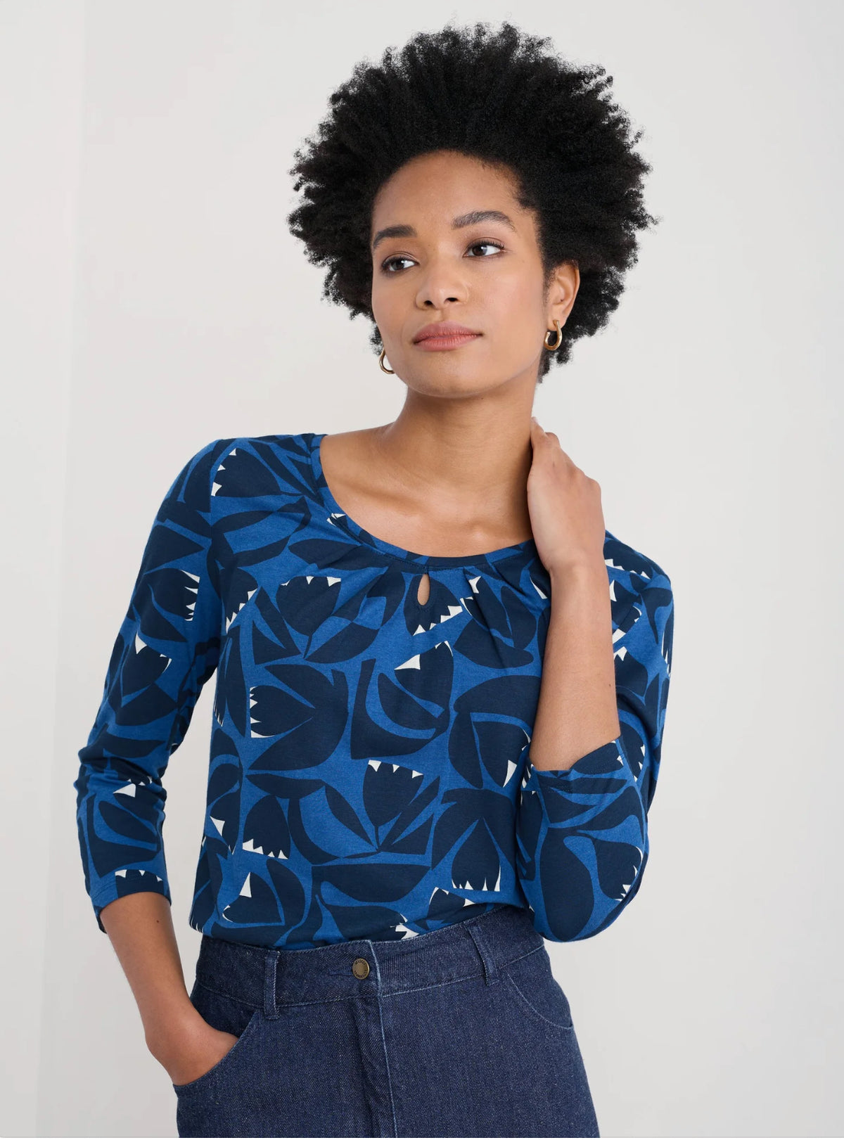 Seasalt Cornwall - ‘Appletree’ Keyhole Detail T-Shirt - Floral Cutout Ink