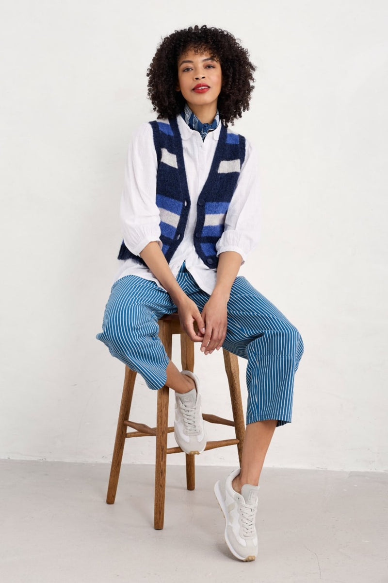 Seasalt Cornwall - ‘Painter’ Striped Mohair Blend Knit Vest Waistcoat - Caravannel Ink Mix