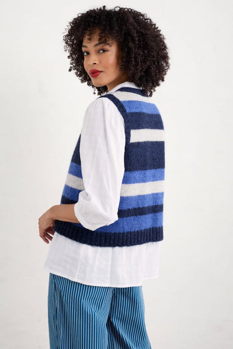 Seasalt Cornwall - ‘Painter’ Striped Mohair Blend Knit Vest Waistcoat - Caravannel Ink Mix