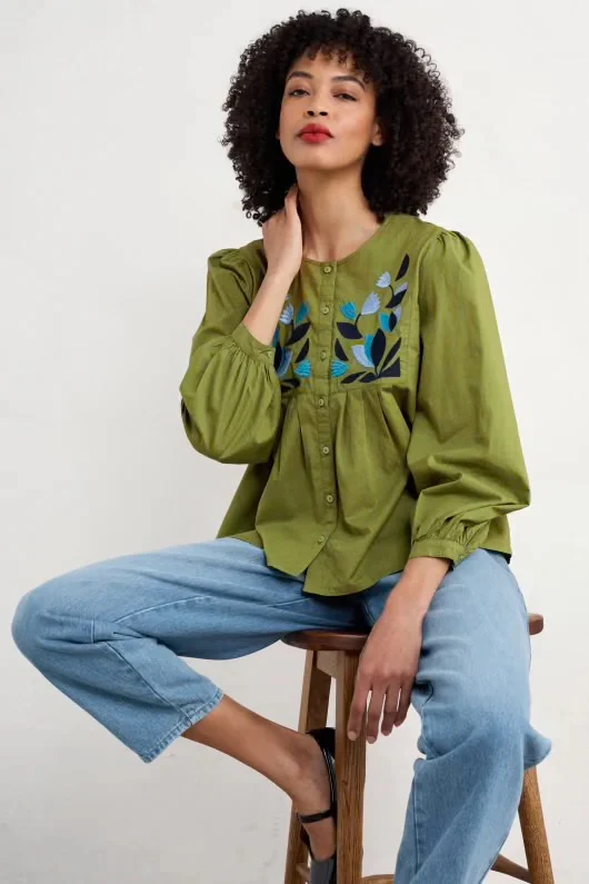 Seasalt Cornwall - ‘Thornapple’ Embroidered Shirt - Dark Citron