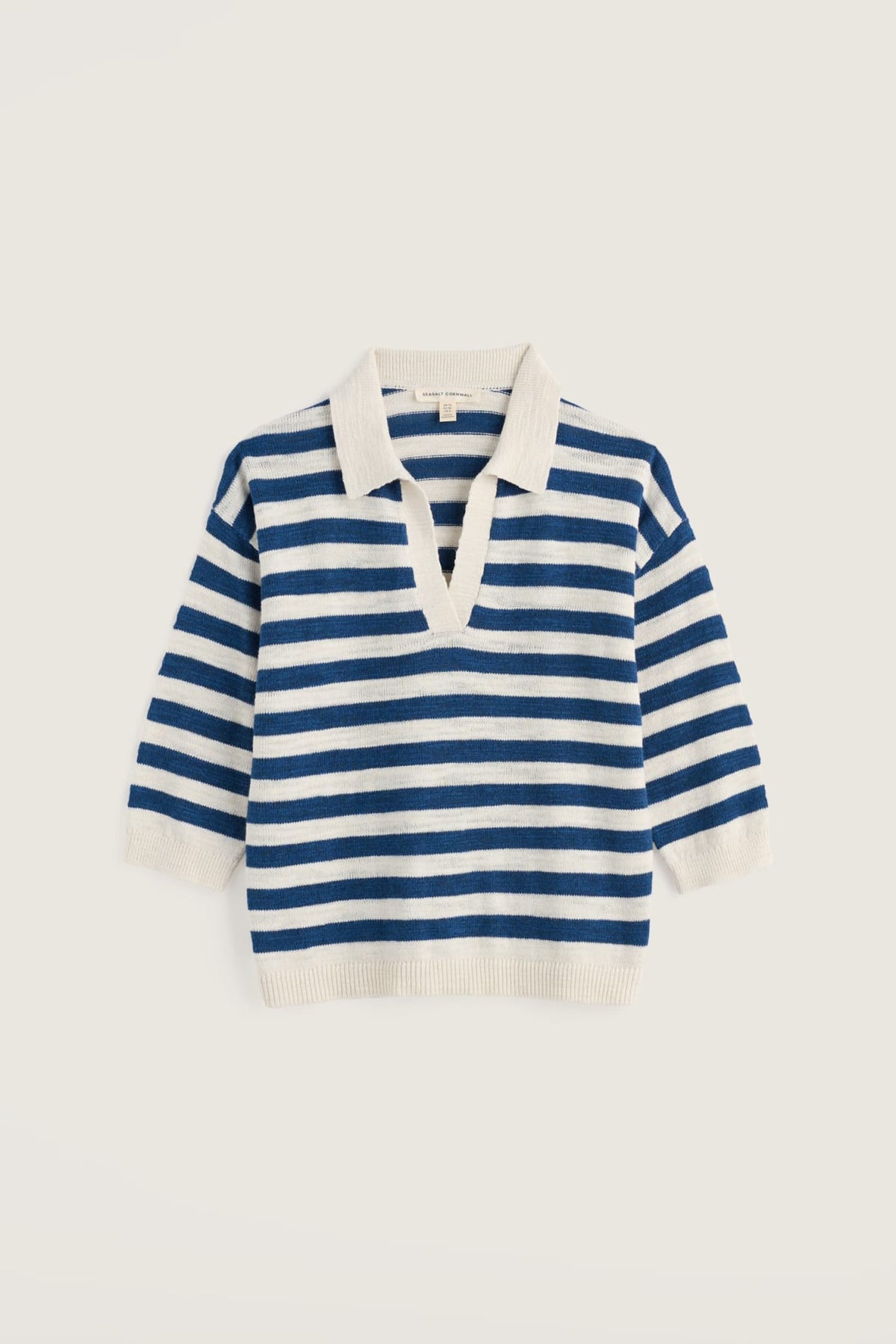 Seasalt Cornwall - Gwynver Lightweight V-Neck Collared Jumper Made With Linen & Organic Cotton - Cornish Dark Voyage Chalk