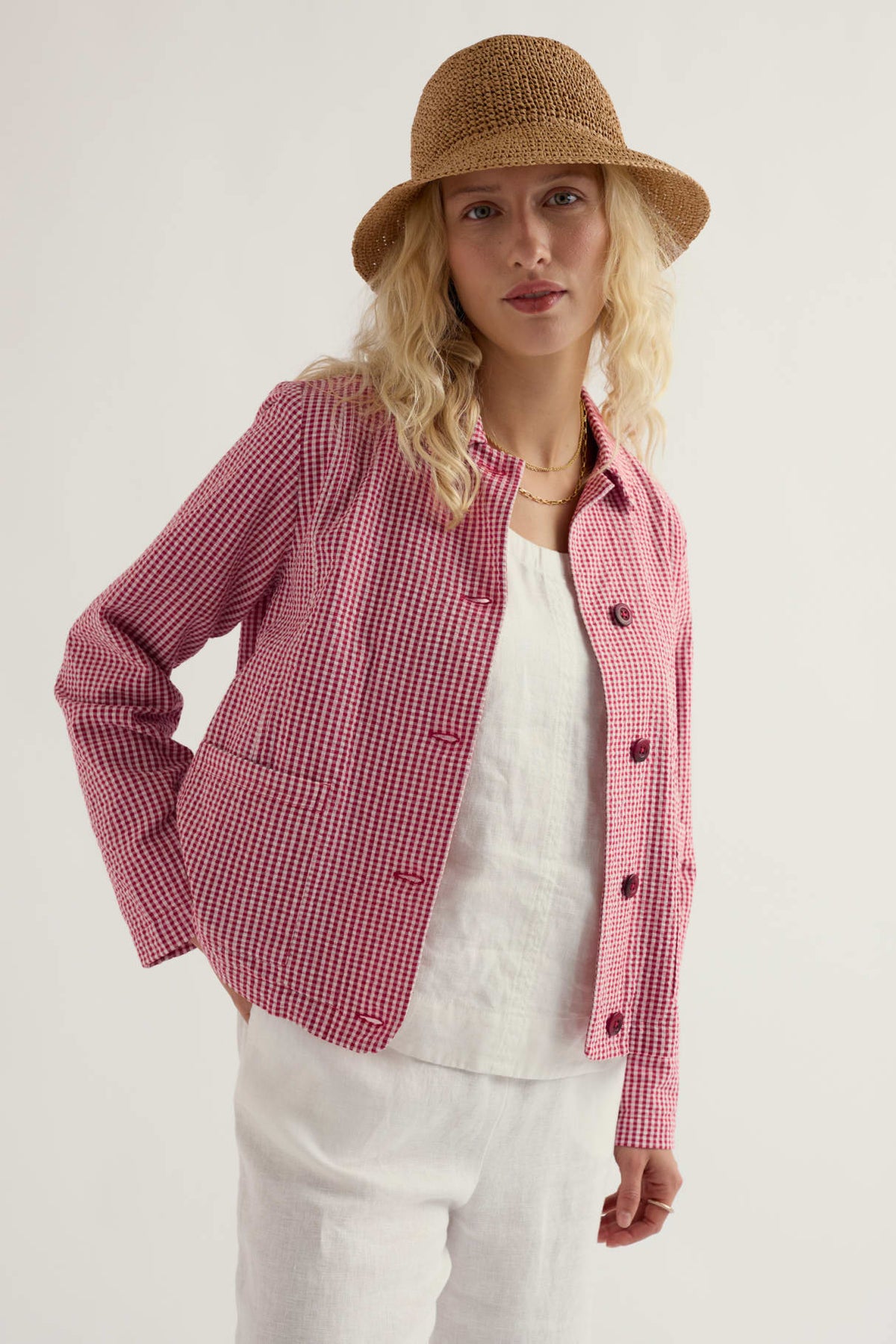 Seasalt Cornwall - Carnon Downs Jacket in GOTS-Certified Organic Cotton - Gingham Scarlet