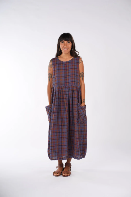 Montaigne - Sartene French Linen Dress - Purple/Rust Check