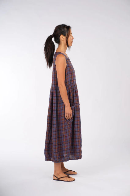 Montaigne - Sartene French Linen Dress - Purple/Rust Check