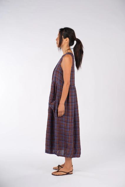 Montaigne - Sartene French Linen Dress - Purple/Rust Check
