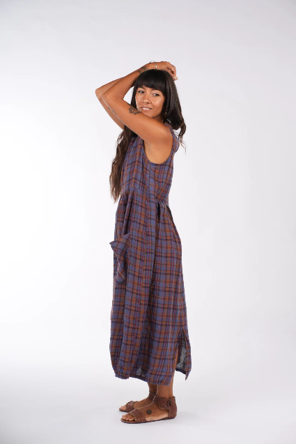 Montaigne - Sartene French Linen Dress - Purple/Rust Check
