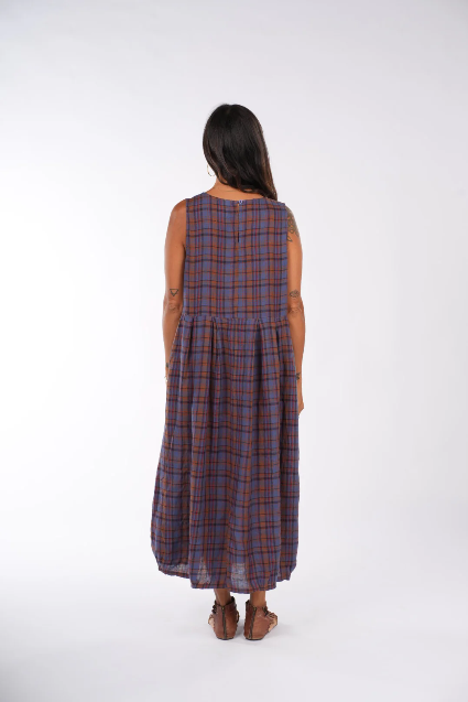 Montaigne - Sartene French Linen Dress - Purple/Rust Check