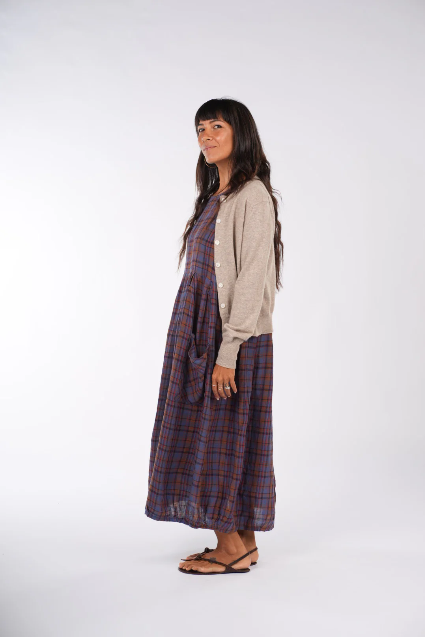 Montaigne - Sartene French Linen Dress - Purple/Rust Check