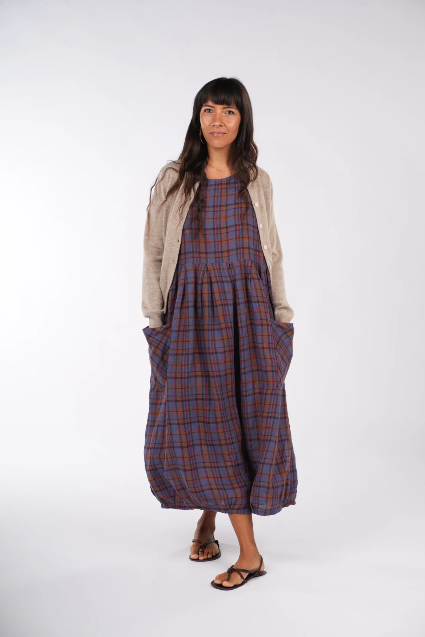 Montaigne - Sartene French Linen Dress - Purple/Rust Check