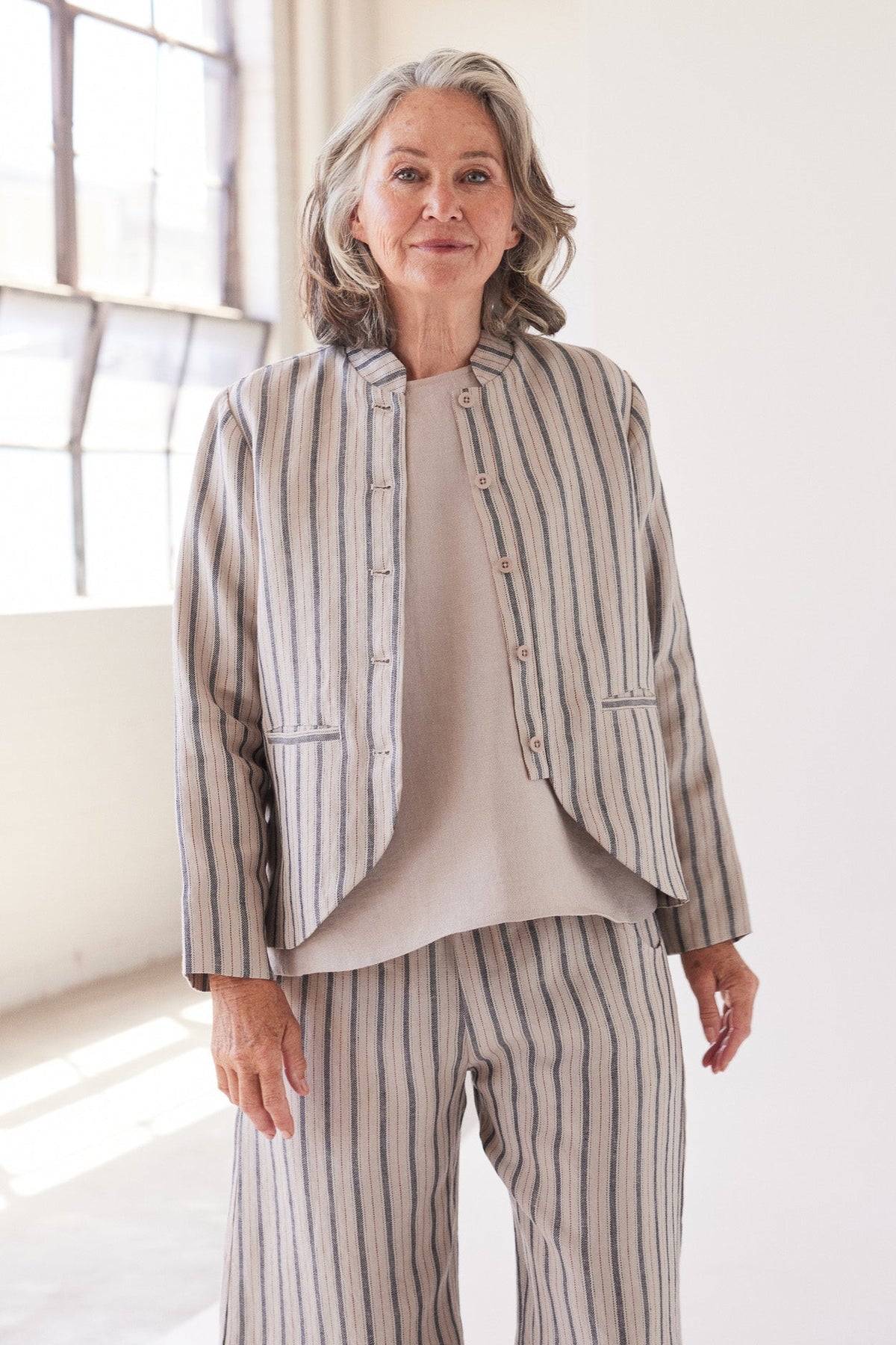 Eva’s Sunday - Scout - Stand Collar Linen Jacket - Navy Stripe