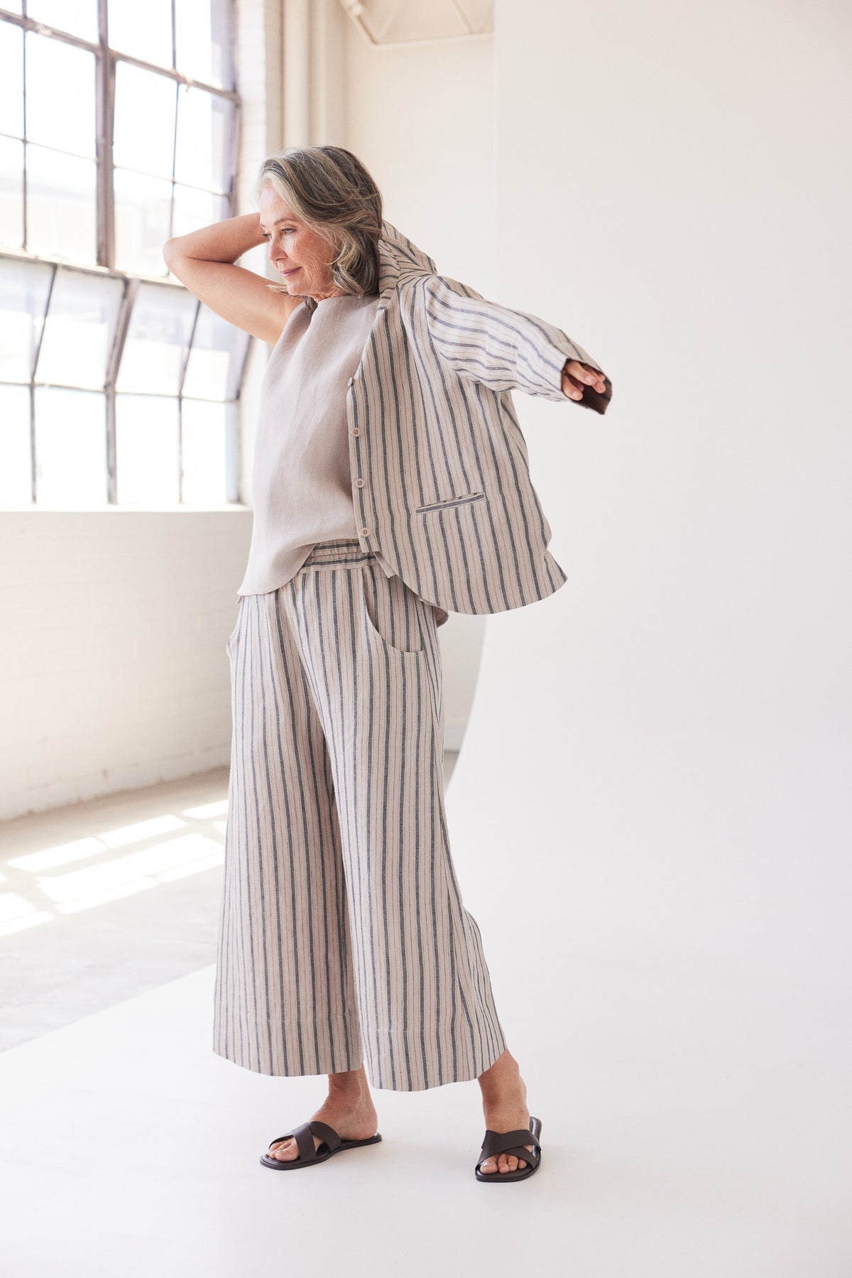 Eva’s Sunday - Scout - Stand Collar Linen Jacket - Navy Stripe
