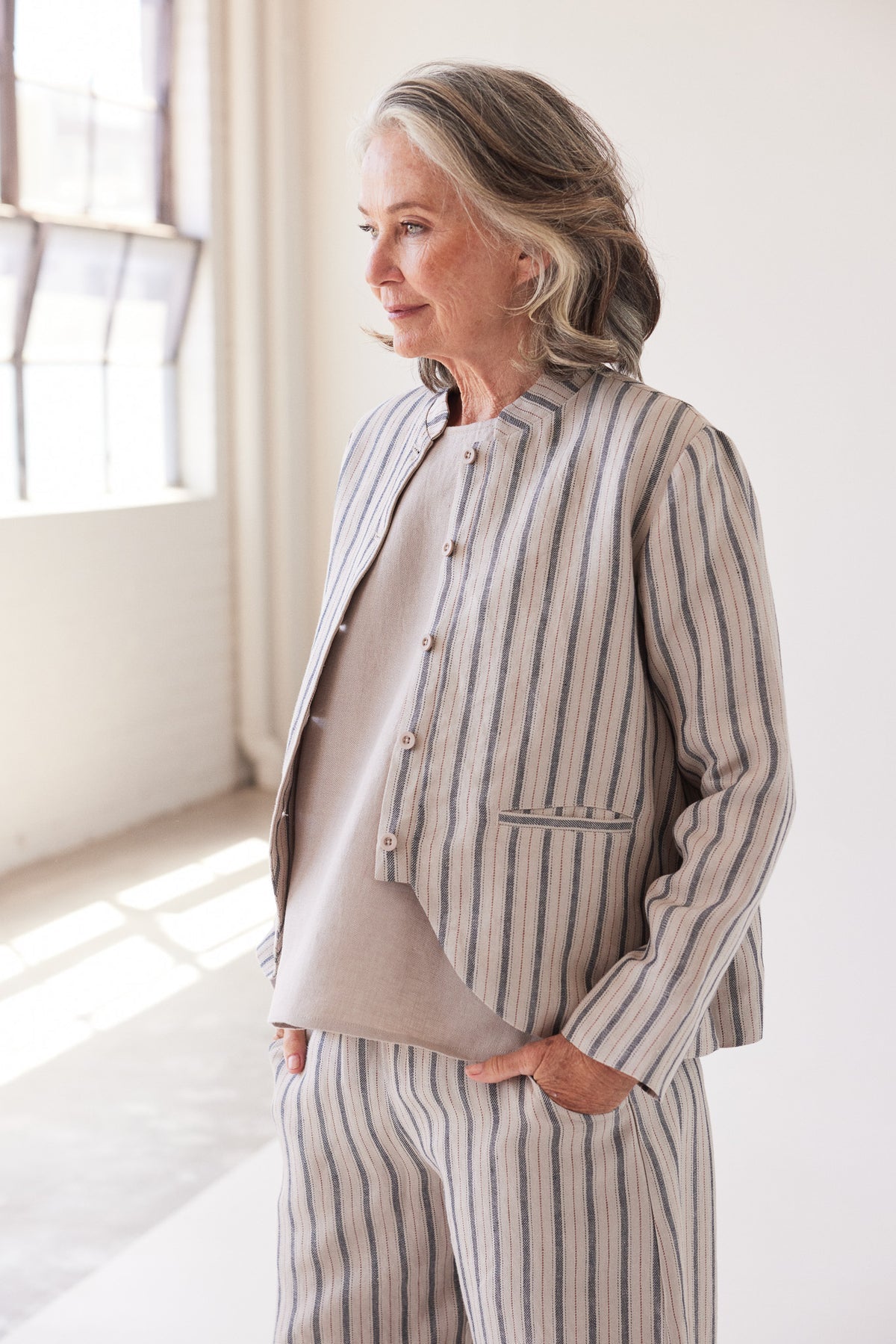 Eva’s Sunday - Scout - Stand Collar Linen Jacket - Navy Stripe