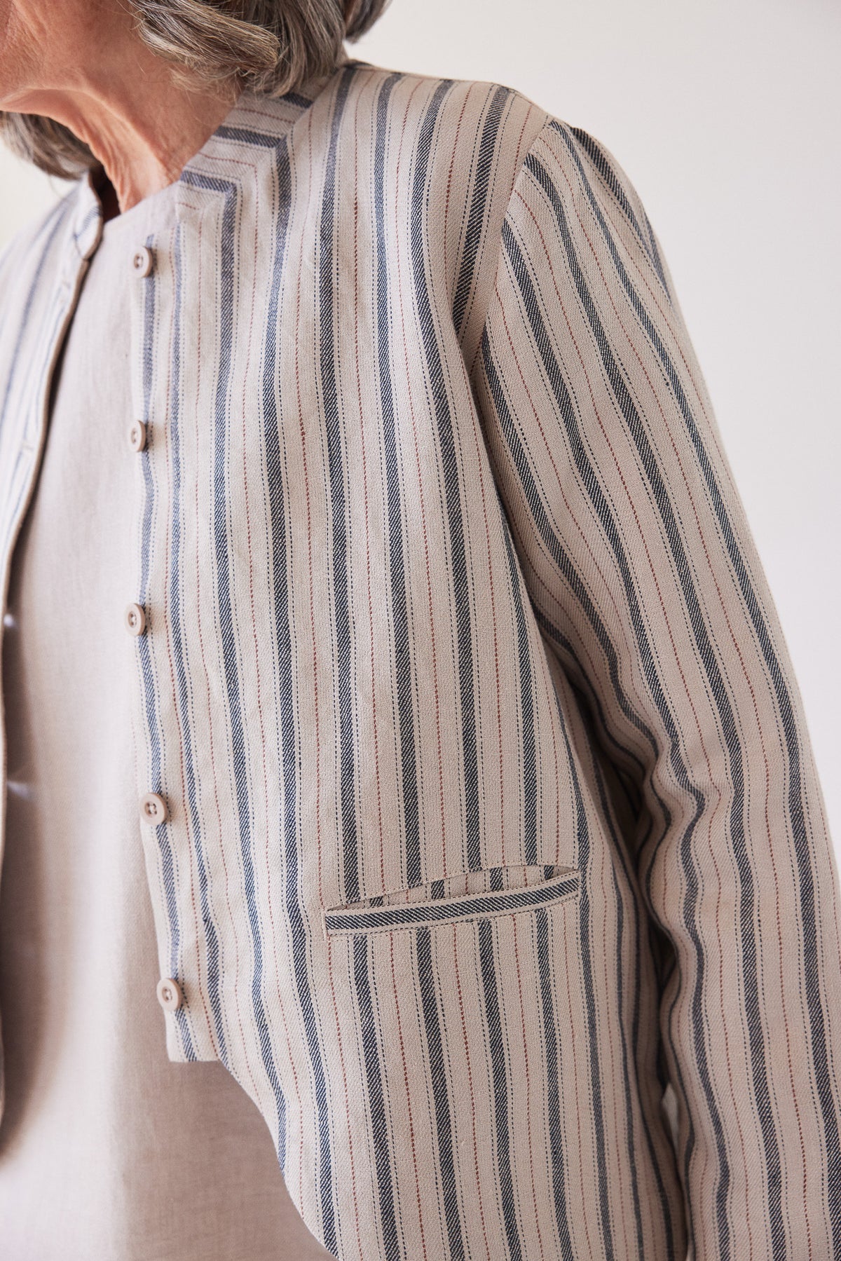Eva’s Sunday - Scout - Stand Collar Linen Jacket - Navy Stripe