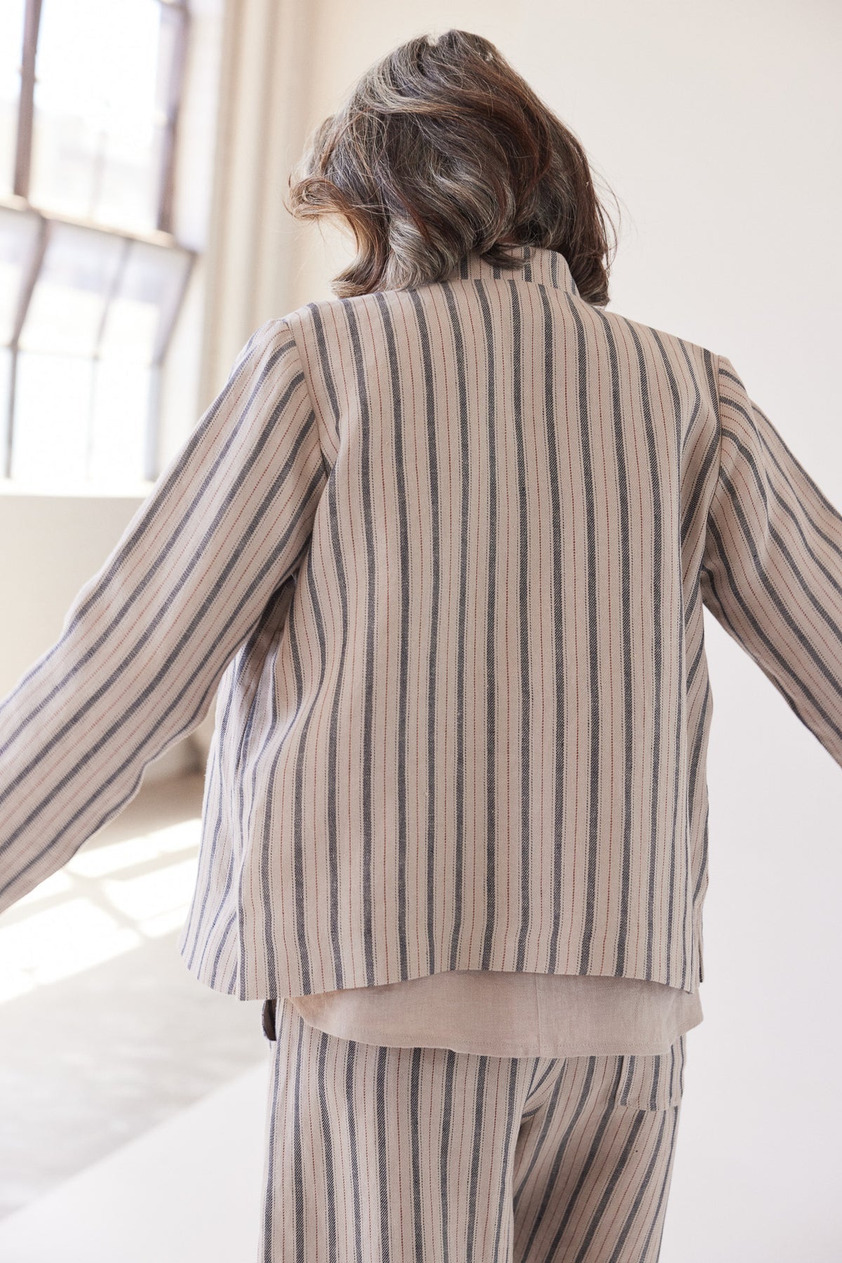 Eva’s Sunday - Scout - Stand Collar Linen Jacket - Navy Stripe