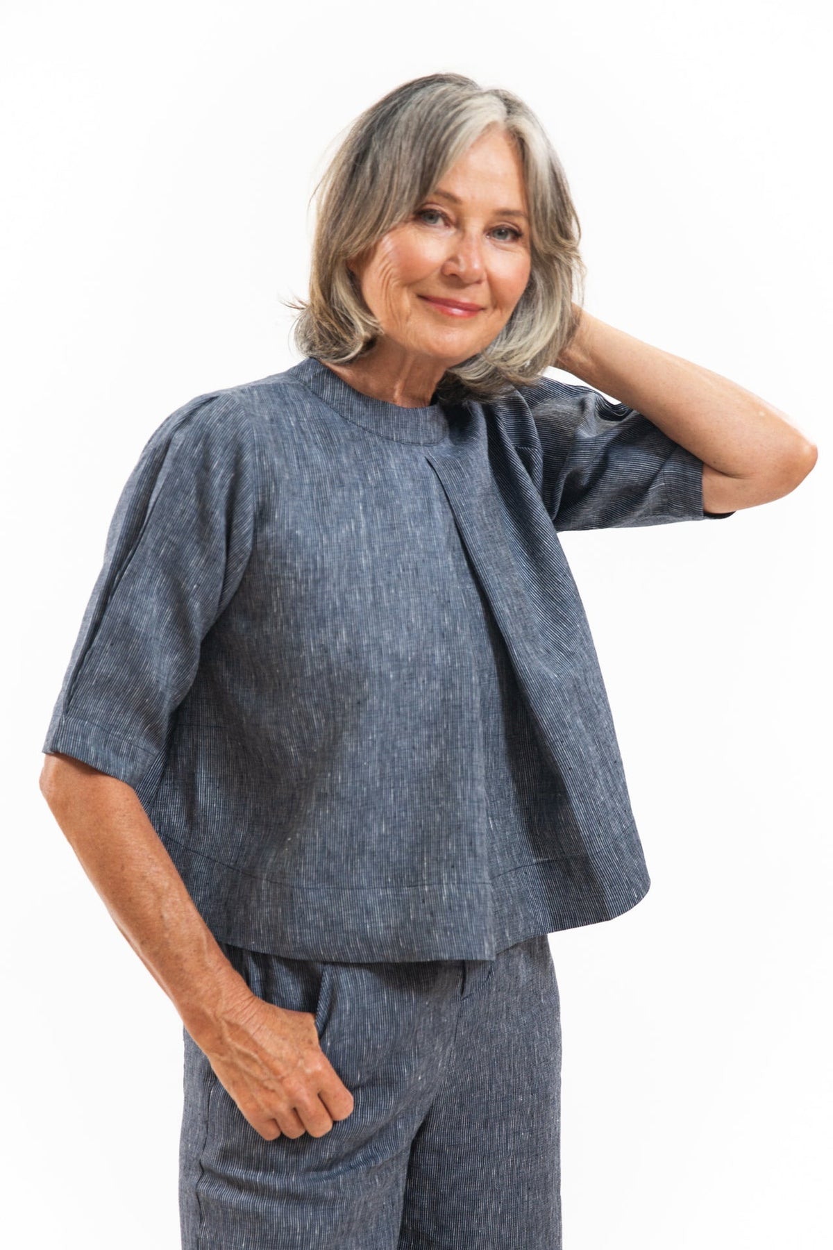 Eva’s Sunday - ‘Loretta’ Linen Top -  Navy Pinstripe