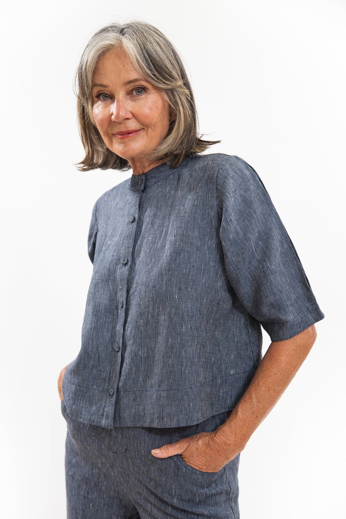 Eva’s Sunday - ‘Loretta’ Linen Top -  Navy Pinstripe