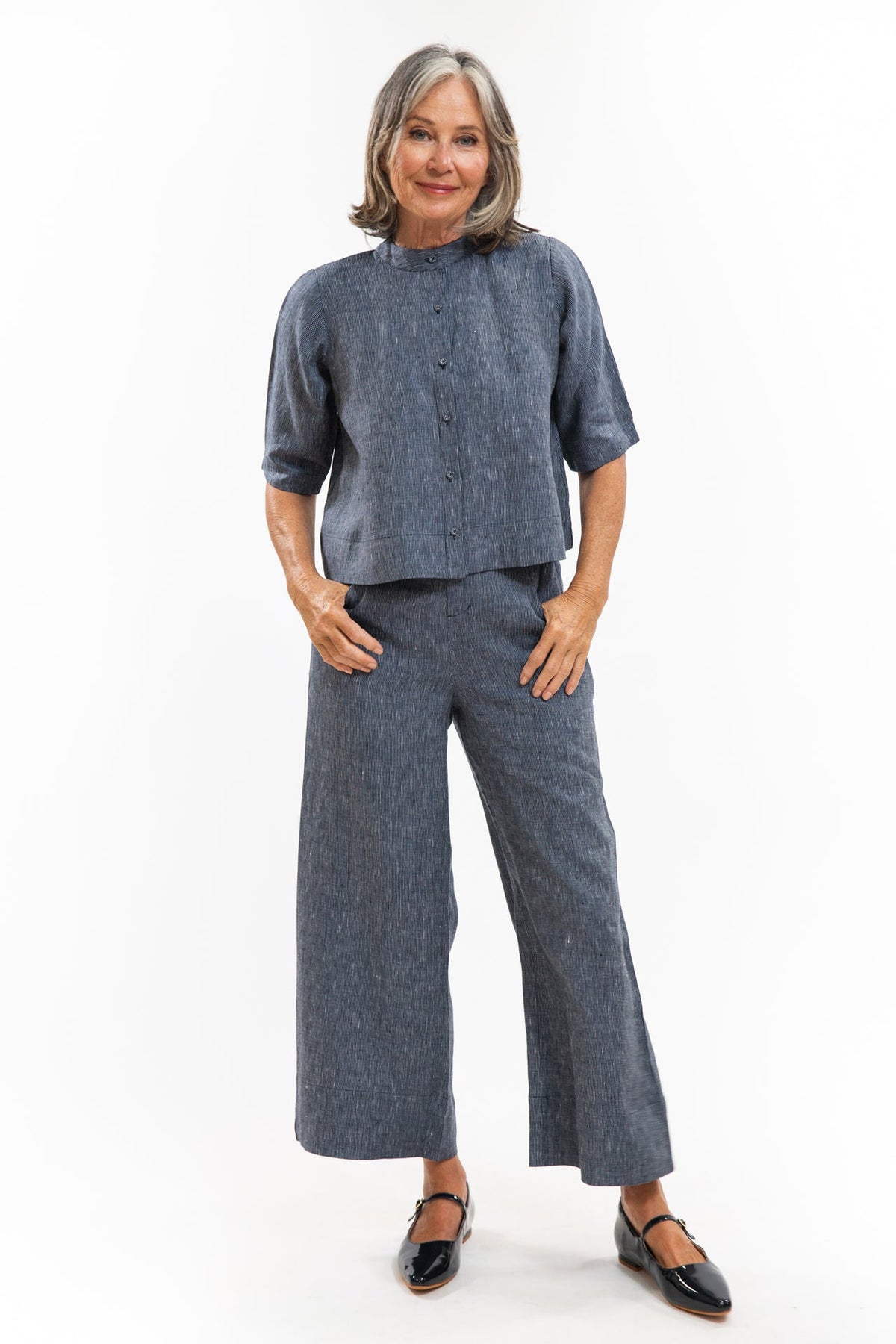 Eva’s Sunday - ‘Loretta’ Linen Top -  Navy Pinstripe