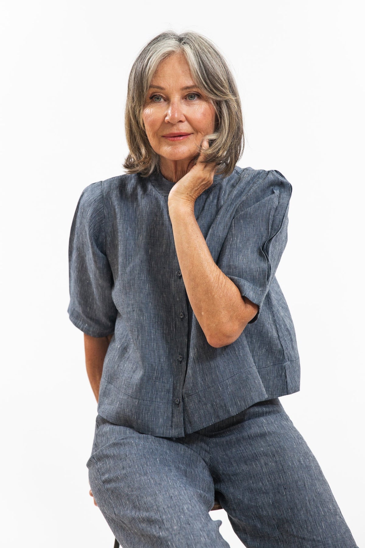 Eva’s Sunday - ‘Loretta’ Linen Top -  Navy Pinstripe