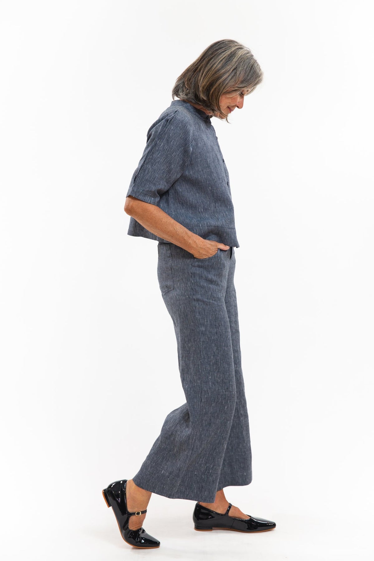 Eva’s Sunday - ‘Loretta’ Linen Top -  Navy Pinstripe