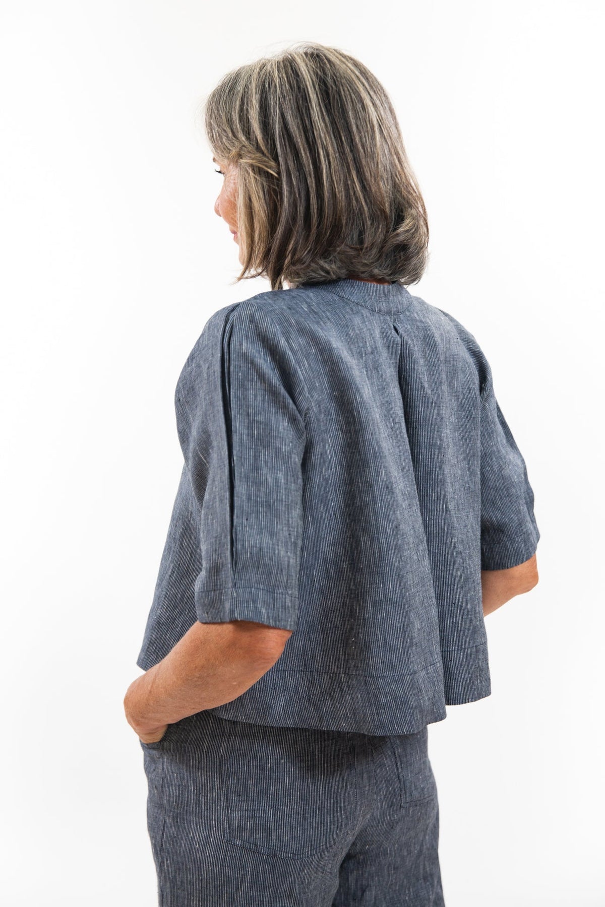 Eva’s Sunday - ‘Loretta’ Linen Top -  Navy Pinstripe