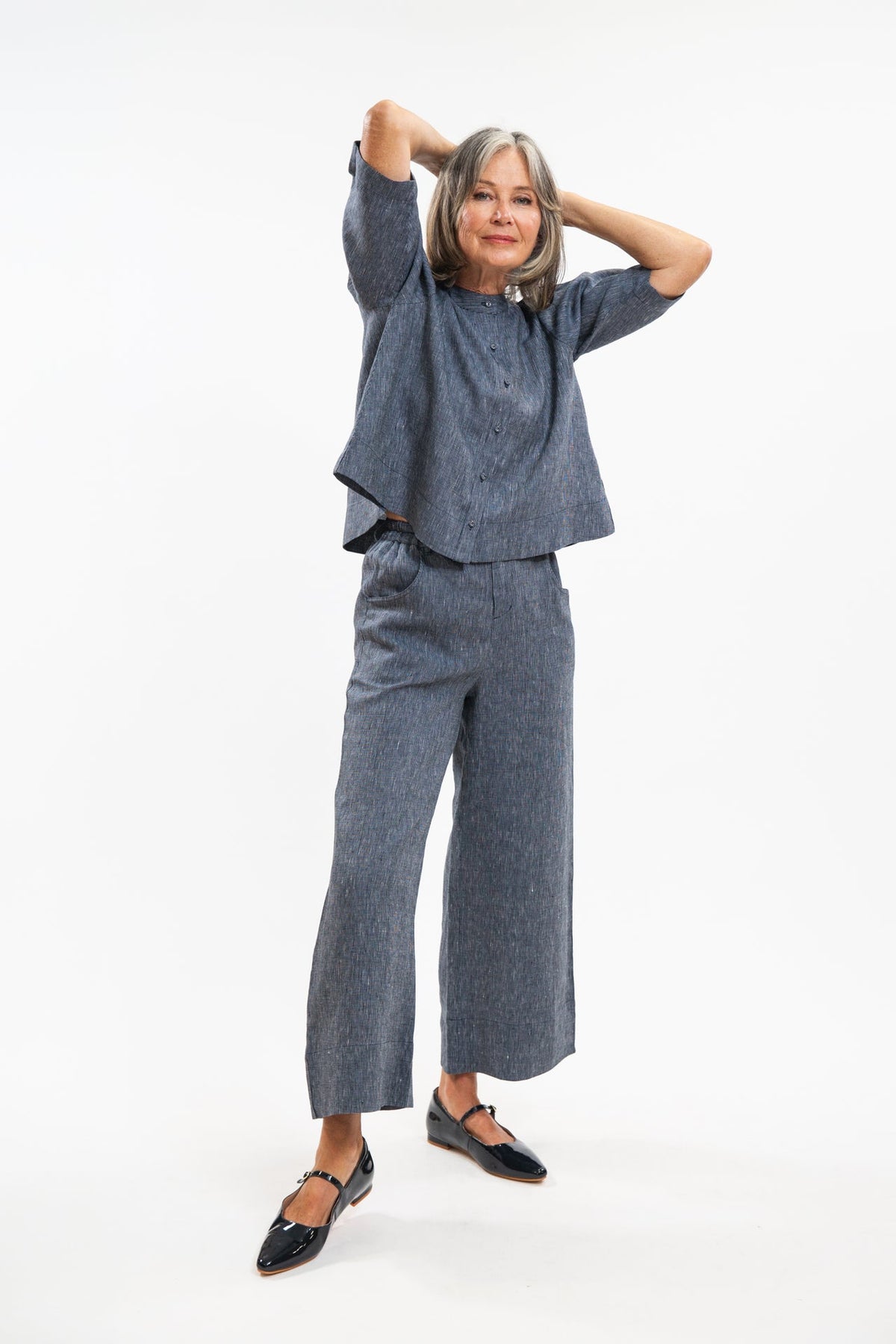 Eva’s Sunday - ‘Loretta’ Linen Top -  Navy Pinstripe