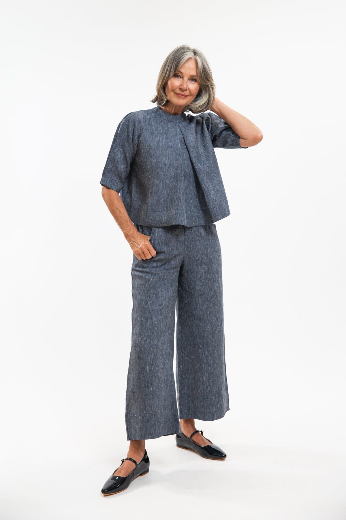 Eva’s Sunday - ‘Loretta’ Linen Top -  Navy Pinstripe