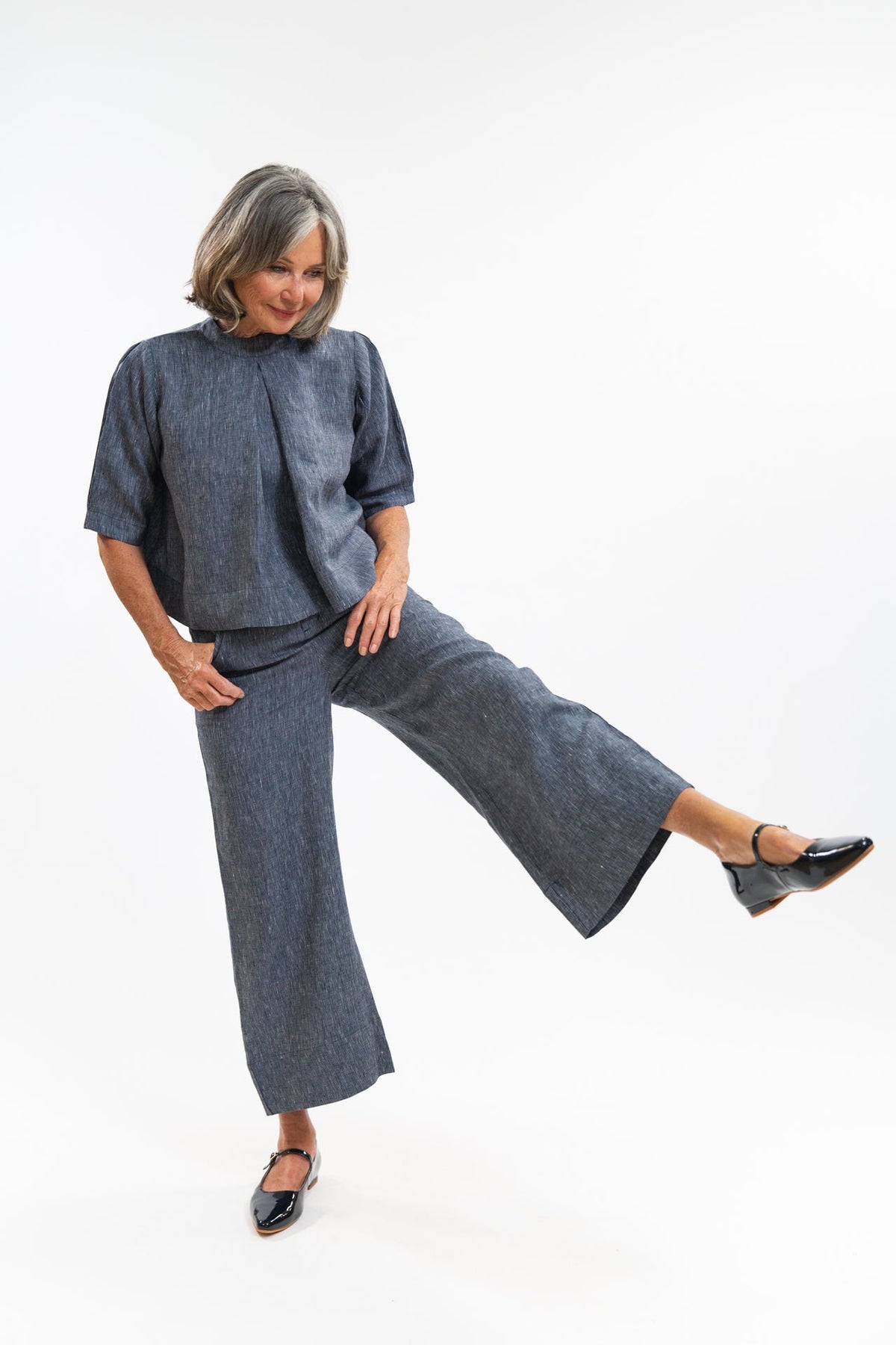Eva’s Sunday - ‘Loretta’ Linen Top -  Navy Pinstripe
