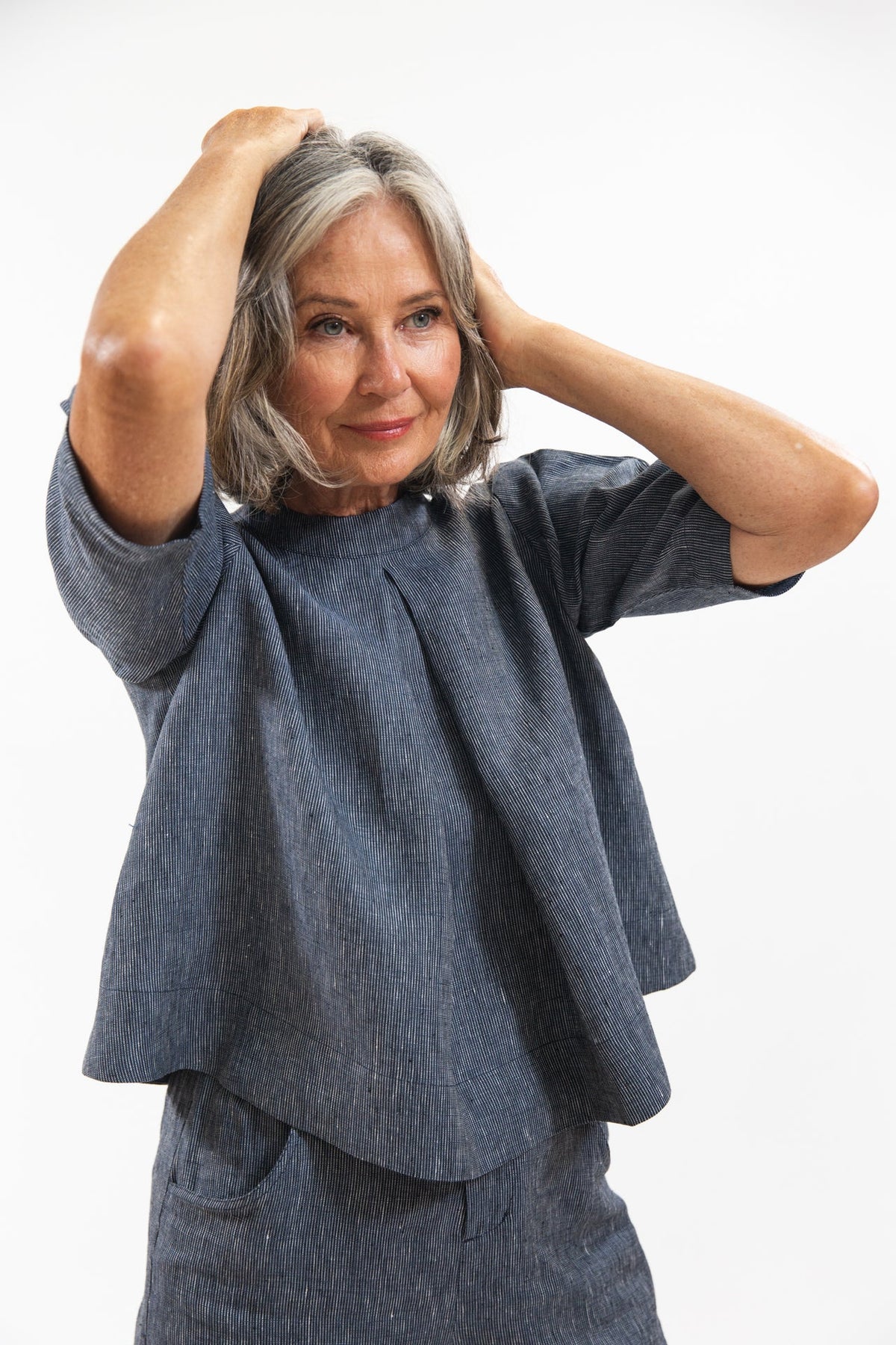 Eva’s Sunday - ‘Loretta’ Linen Top -  Navy Pinstripe