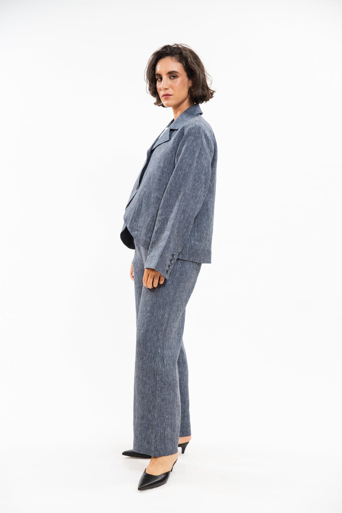 Eva’s Sunday - ‘Conran’ Linen Blaze - Navy Pinstripe