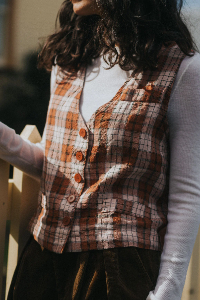 Montaigne - Chloe - French Linen Vest / Waist Coat - Clay Check