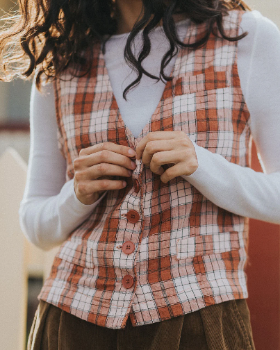 Montaigne - Chloe - French Linen Vest / Waist Coat - Clay Check