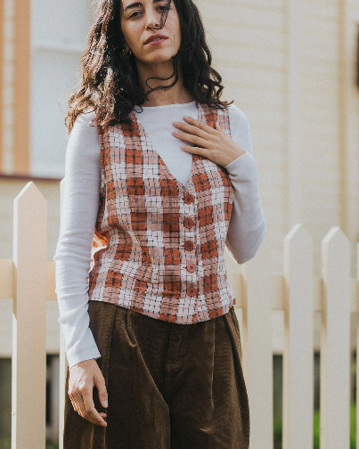 Montaigne - Chloe - French Linen Vest / Waist Coat - Clay Check