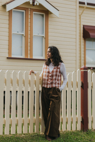 Montaigne - Chloe - French Linen Vest / Waist Coat - Clay Check