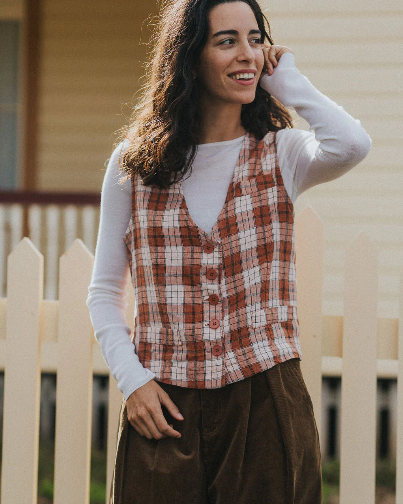 Montaigne - Chloe - French Linen Vest / Waist Coat - Clay Check