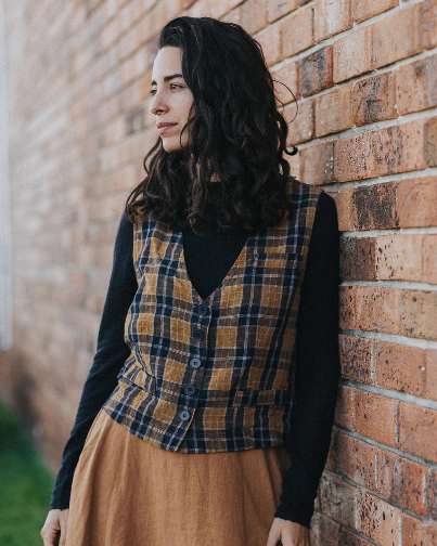 Montaigne - Chloe - French Linen Vest / Waist Coat - Blue Tweed Check