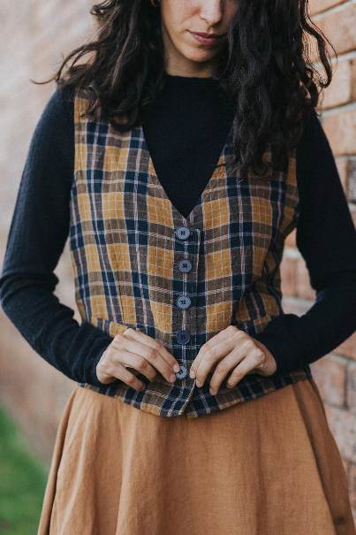 Montaigne - Chloe - French Linen Vest / Waist Coat - Blue Tweed Check