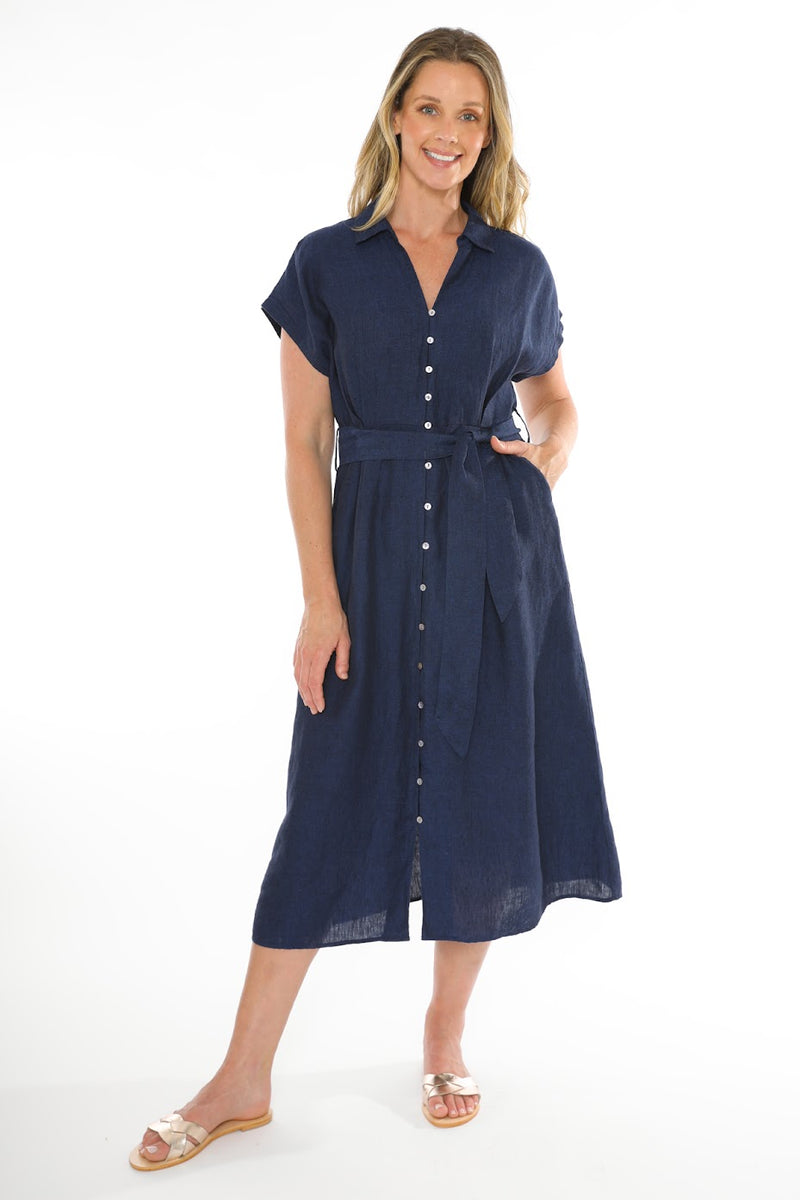 JUMP Clothing S/S Belted Linen Dress - Ink