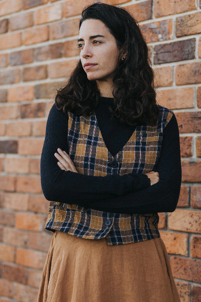 Montaigne - Chloe - French Linen Vest / Waist Coat - Blue Tweed Check