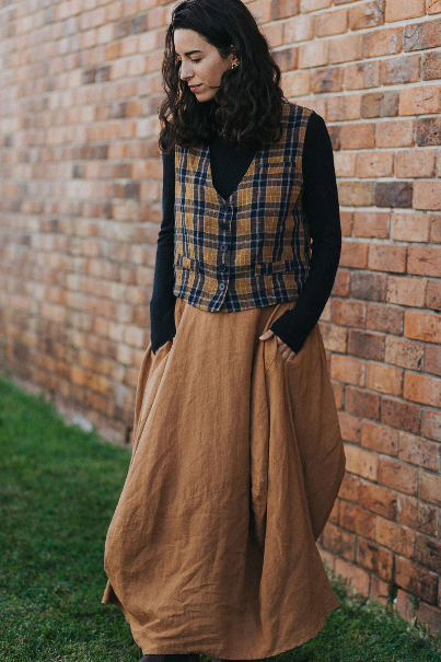 Montaigne - Chloe - French Linen Vest / Waist Coat - Blue Tweed Check