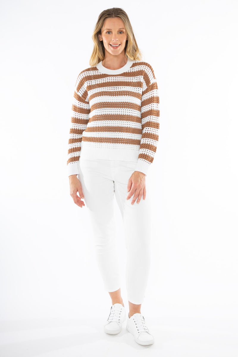 JUMP Clothing L/S Crochet Knit - Wht/Nutmeg - LAST - Size L